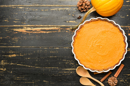 Baking dish with tasty pumpkin pie on black wooden backgroundの写真素材