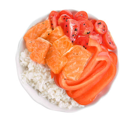 Poke bowl with tasty rice, salmon and vegetables on white backgroundの写真素材
