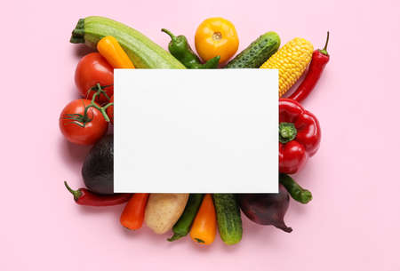 Fruits, vegetables and blank sheet of paper on color background. Vegan Dayの写真素材
