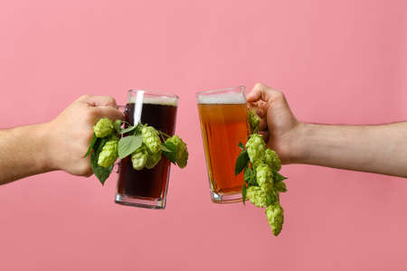 Hands with mugs of beer on color background