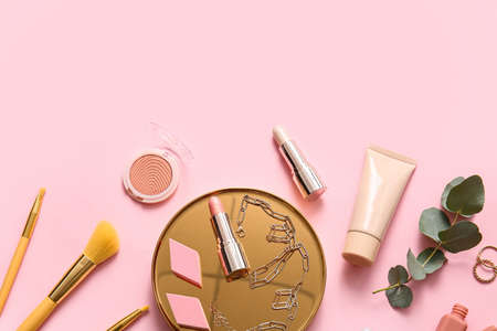 decorative cosmetics on pink backgroundの写真素材