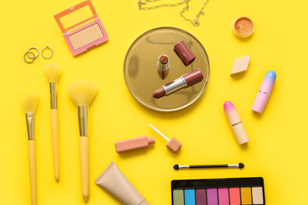 decorative cosmetics on yellow backgroundの写真素材