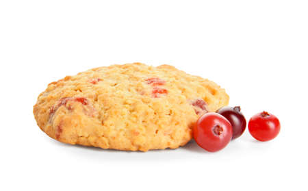 Delicious cranberry cookie and berries on white backgroundの写真素材