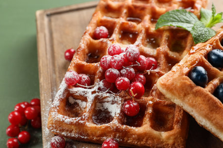 Board of tasty Belgian Waffles with berries on green wooden background, closeupの写真素材