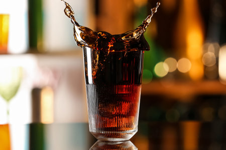 Glass of delicious Cuba Libre cocktail with splash on table against blurred background