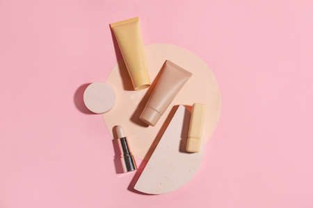Set of makeup products on color backgroundの写真素材
