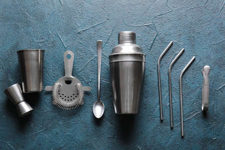Different bartender tools on dark backgroundの写真素材