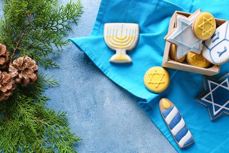 Cookies for Hanukkah celebration on color backgroundの写真素材