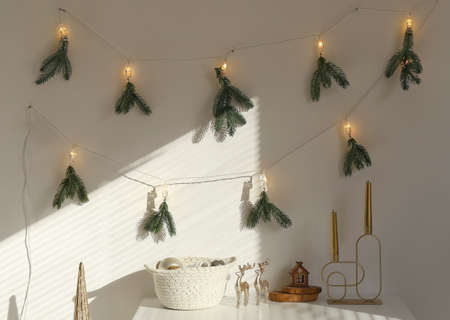 Table with Christmas decor in the roomの写真素材