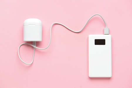 Modern power bank and case for earphones on pink backgroundの写真素材