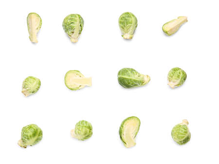 Cut fresh Brussels sprouts on white backgroundの写真素材