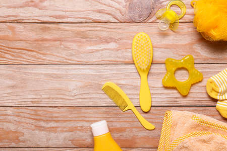 Cute bath accessories for baby on wooden backgroundの写真素材