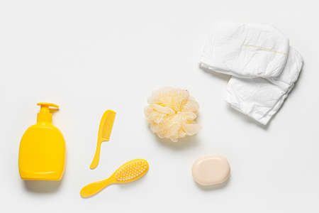Baby bath accessories on white backgroundの写真素材