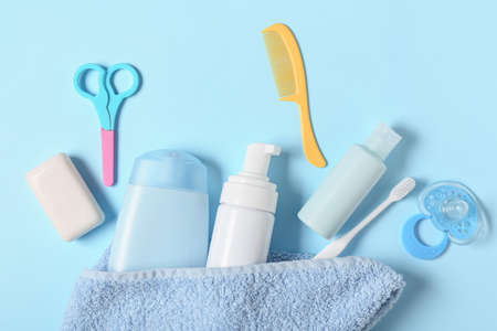Bath accessories for baby on blue background, closeupの写真素材