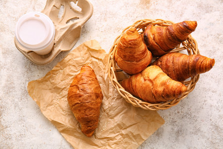 Wicker basket with delicious croissants and cup of coffee on light backgroundの写真素材