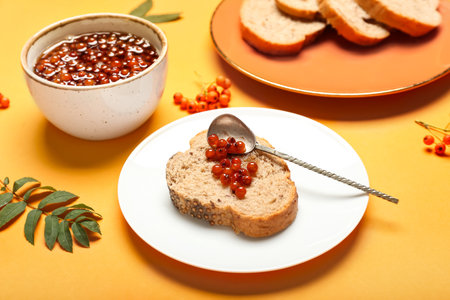 Plate with piece of bread and rowan jam on color background, closeupの写真素材
