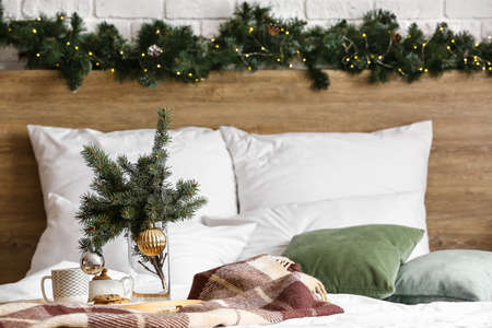Tray with cookies, cup of tea and fir branches in vase on bedの写真素材