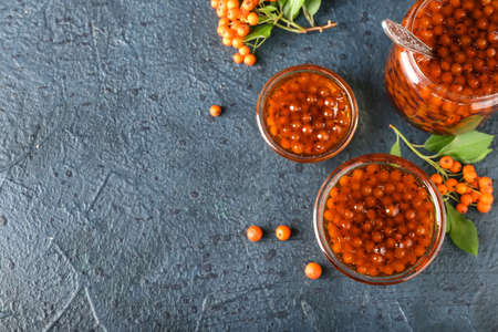 Healthy rowan berry jam on dark backgroundの写真素材