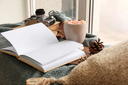 Book with cup of cocoa, marshmallows and fallen leaf on windowsillの写真素材