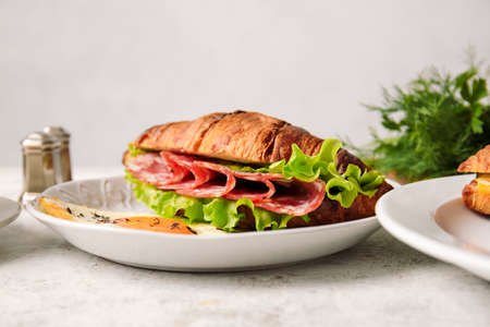 Plate with delicious croissant sandwich on light backgroundの写真素材