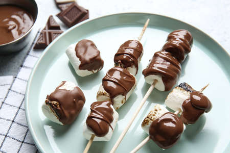 Plate of tasty grilled marshmallows with chocolate on light background