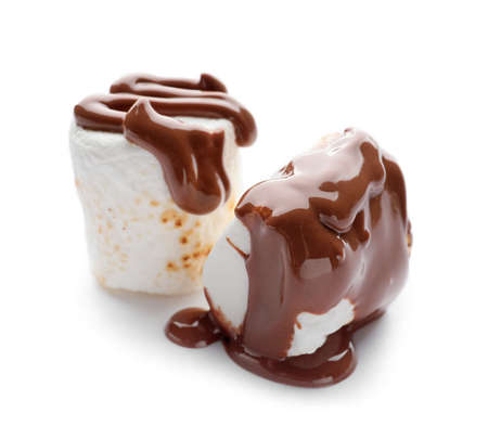 Tasty grilled marshmallows in chocolate on white backgroundの写真素材