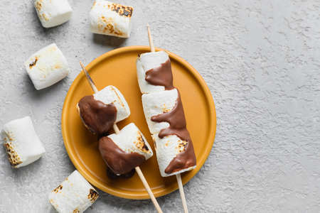 Skewers with tasty grilled marshmallows in chocolate on light background