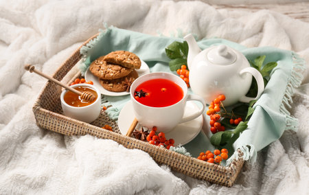 Tray with cup of rowan tea, cookies and honey on plaidの写真素材