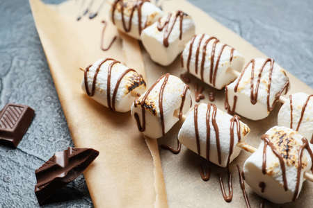 Skewers with tasty grilled marshmallows in chocolate on dark background