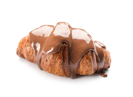 Delicious croissants with chocolate on white backgroundの写真素材