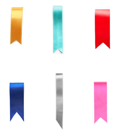 Many colorful bookmarks isolated on whiteの写真素材