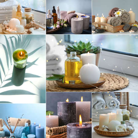 Collage with burning candles and spa suppliesの写真素材