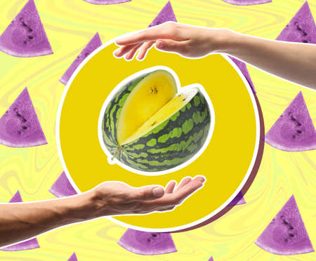 Collage with hands and ripe yellow watermelon on colorful backgroundの写真素材