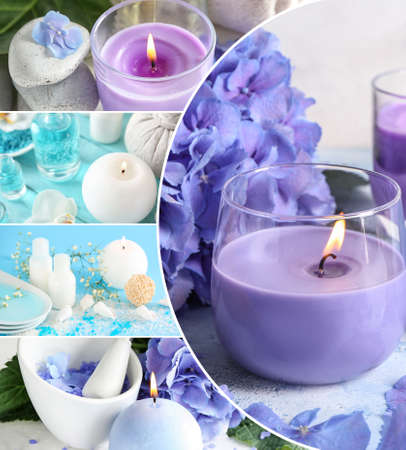 Beautiful spa collage with burning candles, flowers and cosmeticsの写真素材