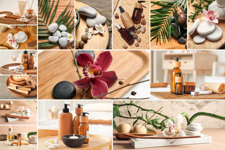 Beautiful spa collage with massage stones, flowers and cosmeticsの写真素材