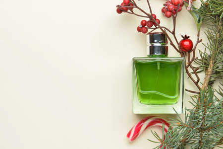 Perfume bottle, fir tree branch, rowan and candy cane on light backgroundの写真素材