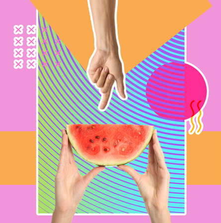 Collage with hands and slice of ripe watermelon on colorful backgroundの写真素材