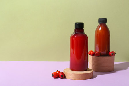 Bottles of cosmetic products and rose hip berries on color backgroundの写真素材