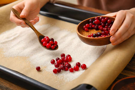 Woman preparing tasty sugared cranberries on wooden background, closeupの写真素材