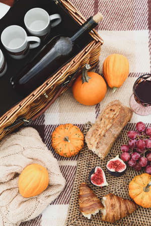 Basket with cups, bottle of wine, pumpkins and delicious food on plaidの写真素材