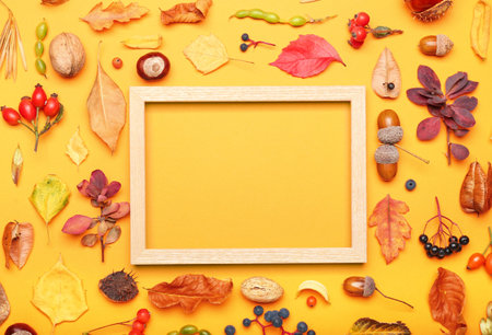 Wooden frame and autumn forest decor on color background
