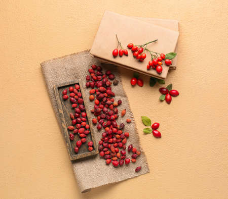 Composition with fresh and dried rose hip berries on beige backgroundの写真素材