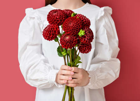 Woman holding bouquet of beautiful dahlia flowers on color backgroundの写真素材