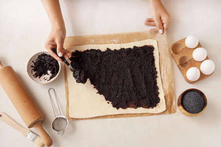 Woman preparing tasty poppy seed strudel on light backgroundの写真素材