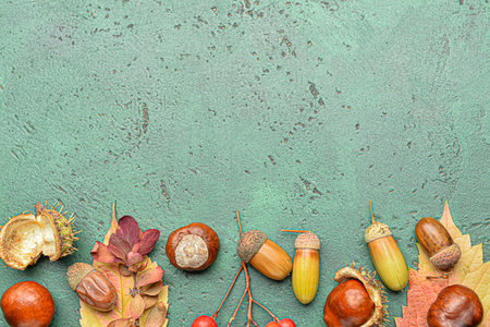 Natural forest decor on green background, closeup