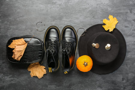 Handbag, shoes, felt hat, jewelry and autumn decor on dark backgroundの写真素材