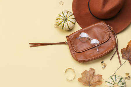 Trendy female accessories and autumn decor on light backgroundの写真素材