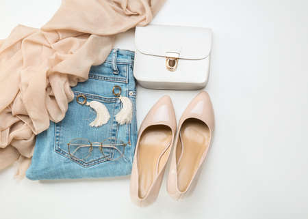 Female accessories and clothes on white backgroundの写真素材