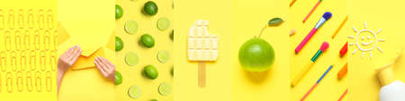 Summer collage of different photos on yellow backgroundの写真素材