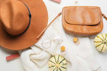 Knitted sweater, accessories and pumpkin on white backgroundの写真素材